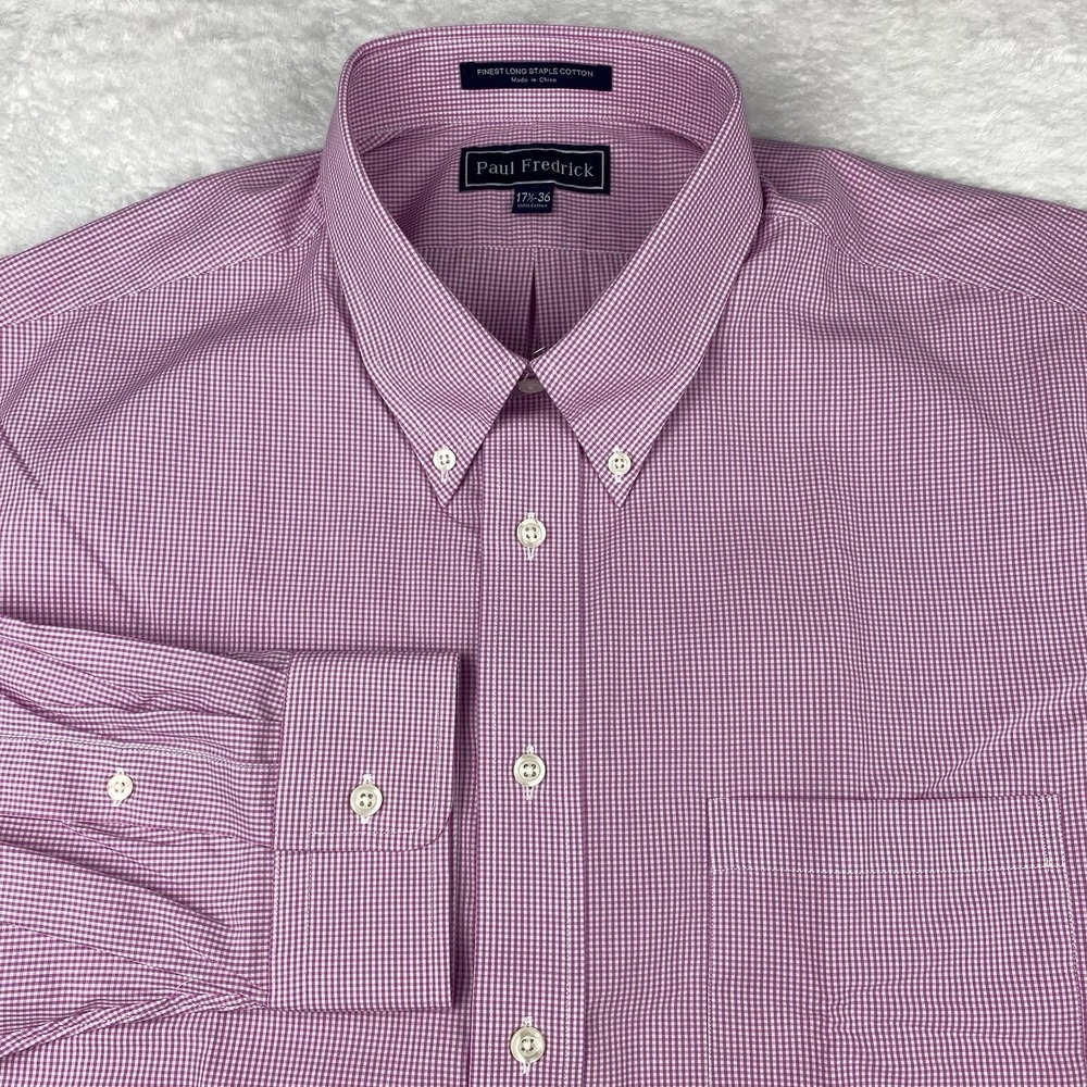 Paul Fredrick Dress Shirt Mens 17.5-36 Pink/White Checks Regular Fit NWOT!